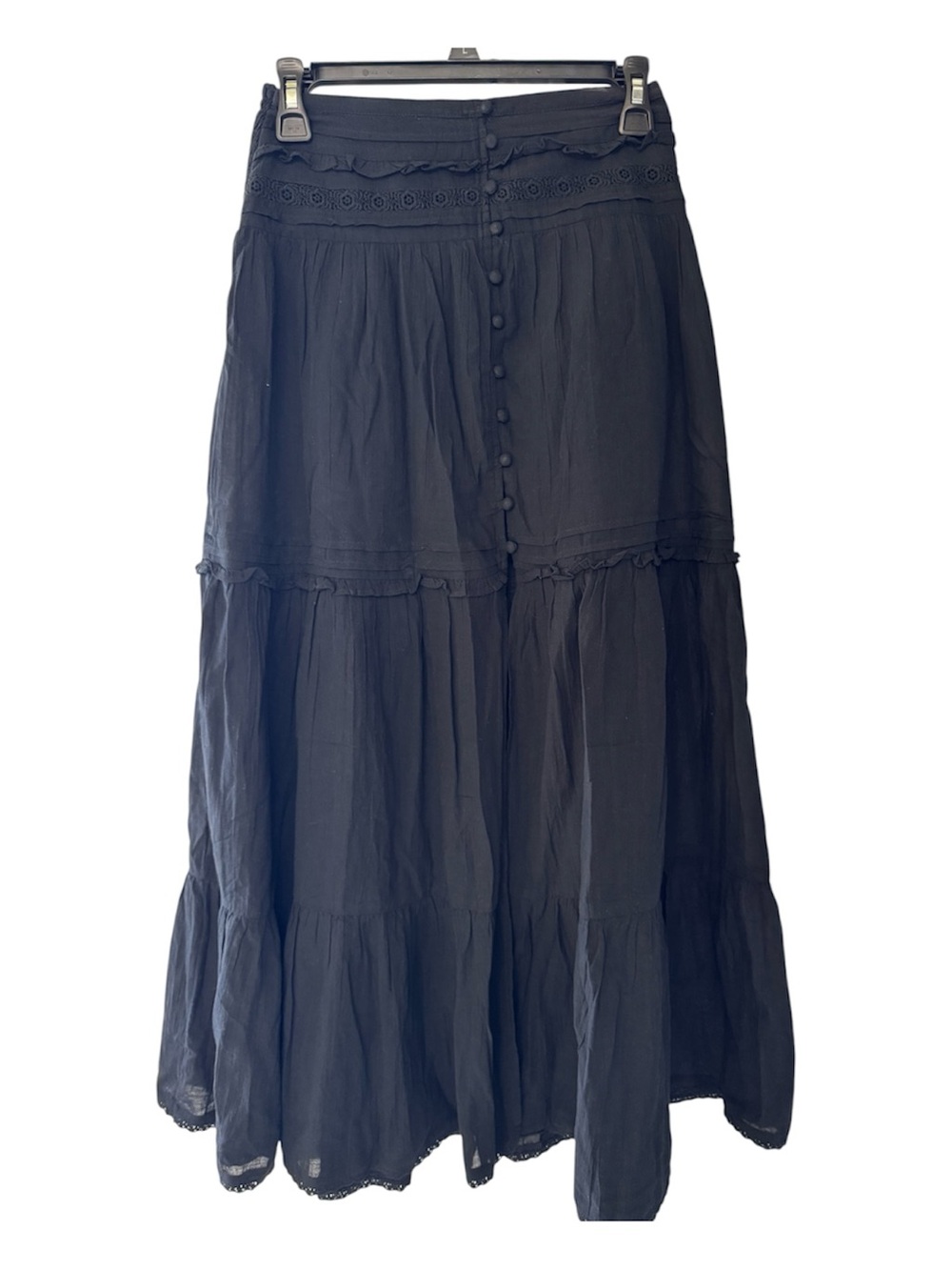 Flowy Black Aerie Boho Maxi Skirt Tiered Ruffle Split-Front Fairy Cotton Size XS